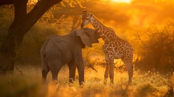 ai gegenereerd onwaarschijnlijk vriendschap baby olifant en jong giraffe omhelzing in gouden zonsondergang weergeven hartverwarmend eenheid in de dier koninkrijk foto