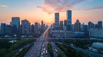 ai gegenereerd modern stad horizon drukte Bij zonsondergang met verkeer vloeiende Aan verhoogd snelweg gevangen genomen van telefoto perspectief foto