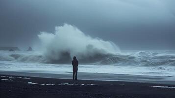 ai gegenereerd eenzaamheid en hoop aftekenen figuur staat alleen Aan strand confronterend enorm oceaan en omarmen glimmen van zonlicht foto