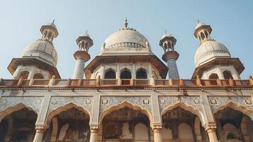 ai gegenereerd verbijsterend moskee vitrines ingewikkeld architectuur tegen Doorzichtig blauw lucht foto