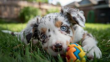 ai gegenereerd aanbiddelijk puppy Toneelstukken met kleurrijk speelgoed- in zonovergoten met gras begroeid achtertuin foto