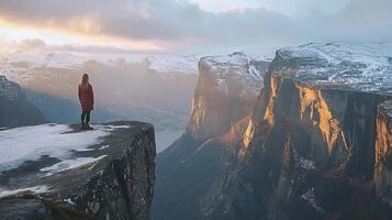 ai gegenereerd vrouw omarmt majestueus berg uitzicht gecentreerd in breed 24 mm schot foto