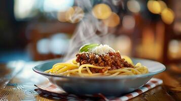 ai gegenereerd stomen spaghetti bolognese met vers geraspt Parmezaanse kaas gepresenteerd Aan rustiek houten tafel met geruit tafelkleed foto