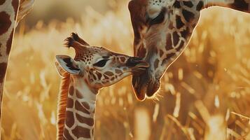 ai gegenereerd moeder giraffe liefdevol snuffelt baby in grasland savanne foto