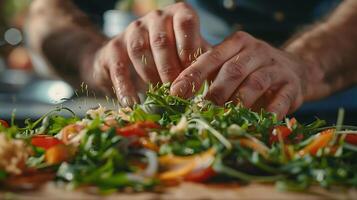 ai gegenereerd deskundige chef ambachten levendig salade minutieus in elkaar zetten vers ingrediënten Aan houten bord foto