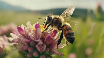 ai gegenereerd kleurrijk wilde bloemen trekt aan bij in groen weide gevangen genomen met wijde hoek lens foto