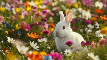 ai gegenereerd pluizig konijn geniet bloemen wonderland gevangen genomen door 50 mm lens foto