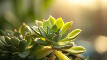 ai gegenereerd levendig sappig fabriek met water druppels in zacht focus temidden van ingemaakt planten foto