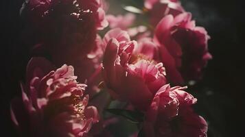 ai gegenereerd levendig roze pioen in vol bloeien gevangen genomen met zacht natuurlijk licht in detailopname foto