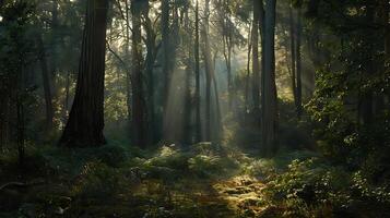 ai gegenereerd zonlicht filters door majestueus Woud een medium schot vastleggen patronen van licht en schaduw in weelderig kreupelhout foto