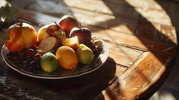 ai gegenereerd kunstzinnig geregeld vleeswaren bord vitrines geassorteerd kazen vlees fruit en noten in zacht natuurlijk licht foto