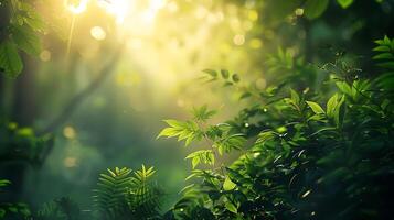 ai gegenereerd levendig groen blad in focus tegen zonovergoten gebladerte foto