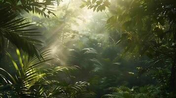 ai gegenereerd levendig groen blad koestert zich in zonlicht tegen weelderig Woud achtergrond foto