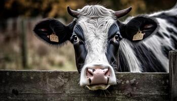 ai gegenereerd schattig koe begrazing Aan groen weiland, op zoek Bij camera gegenereerd door ai foto