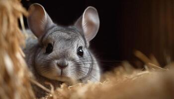 ai gegenereerd schattig pluizig konijn, klein en jong, op zoek Bij camera gegenereerd door ai foto