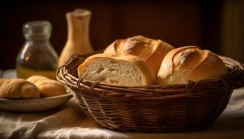 ai gegenereerd vers gebakken brood in een rustiek rieten mand gegenereerd door ai foto