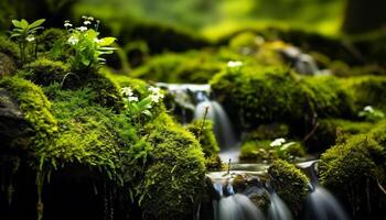 ai gegenereerd vers groen bladeren stromen in rustig Woud stroom gegenereerd door ai foto