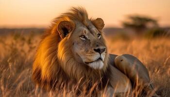 ai gegenereerd majestueus leeuw resting in de Afrikaanse savanne gegenereerd door ai foto