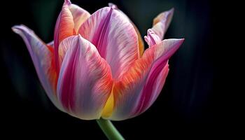 ai gegenereerd helder roze tulp bloesem in een donker achtergrond gegenereerd door ai foto