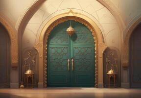 ai gegenereerd luxueus Ramadan viering met een Islamitisch architectuur achtergrond in een licht zwart en bronzen stijl. met luxueus muur ophangingen, licht beige en geel accenten, foto