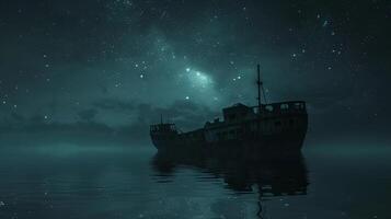 ai gegenereerd 's nachts schip het zeilen aan de overkant de zee onder de sterrenhemel lucht foto