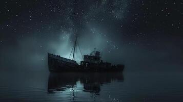 ai gegenereerd 's nachts schip het zeilen aan de overkant de zee onder de sterrenhemel lucht foto