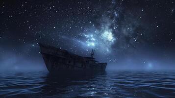 ai gegenereerd 's nachts schip het zeilen aan de overkant de zee onder de sterrenhemel lucht foto