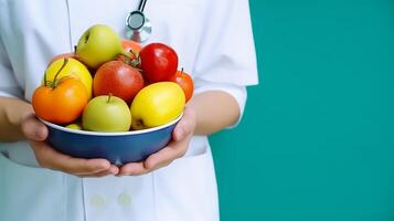 ai gegenereerd dokter Holding een kom van fruit en groenten. gezond voedsel concept. foto