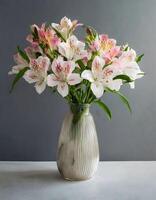 ai gegenereerd mooi alstroemeria bloemen in vaas Aan grijs achtergrond foto