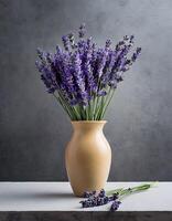 ai gegenereerd lavendel bloemen in een vaas in grijs achtergrond foto