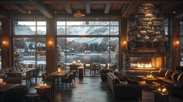 ai gegenereerd knus ski lodge cafe met warm open haarden houten balken foto