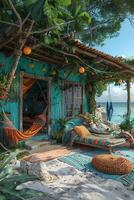 ai gegenereerd Boheems strand hut met kleurrijk stoffen hangmatten foto