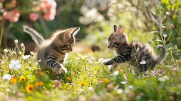 ai gegenereerd speels kittens en baby konijnen omhelzing blij harmonie temidden van bloeiend tuin groen foto
