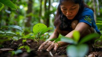 ai gegenereerd vrouw planten jonge boom in weelderig groen Woud gefocust en klaar naar koesteren nieuw leven foto