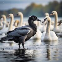 ai gegenereerd single kraai temidden van een kudde van zwanen foto