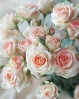 ai gegenereerd delicaat roze rozen bloeiend Aan een turkoois achtergrond foto
