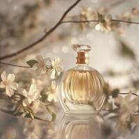 ai gegenereerd dromerig parfum fles met zacht focus. teder gloed. bloemen aanraken. ai gegenereerd. foto