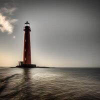 ai gegenereerd vuurtoren in de zee Bij zonsondergang foto