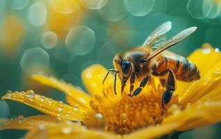 ai gegenereerd een uitvergroot visie van een bij verwerven nectar van de gloeiend geel van een zonnebloem foto