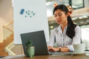 vrouw verkoop manager werken Aan laptop terwijl zittend de bureau in modern coworking foto