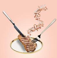 geheel gebakken nieuw york rundvlees steak over- een wit bord, zout is besprenkeld Aan top foto