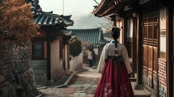ai gegenereerd een wandelen door traditioneel Koreaans dorp foto
