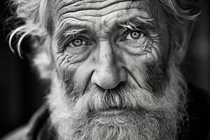 ai gegenereerd ouderen Mens met verweerd gezicht in attent waardigheid gevangen genomen in zwart en wit film stijl foto
