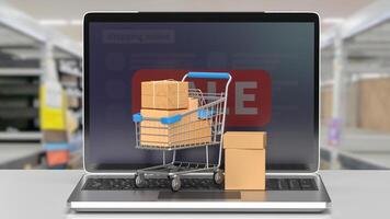 de boodschappen doen trolley en notitieboekje voor online markt concept 3d weergave. foto