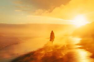 ai gegenereerd een vrouw wandelingen langs een zonovergoten strand, met winderig zand wervelende in de omgeving van in een uitgestrekt, gouden landschap foto