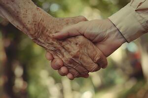 ai gegenereerd een warm, geruststellend handdruk tussen de jong en de ouderen, symboliseert intergenerationeel ondersteuning en zorg foto