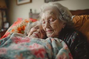 ai gegenereerd een intiem portret van twee ouderen Dames in een liefhebbend omarmen, sharing een moment van tederheid en verbinding foto