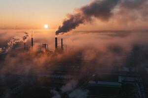 ai gegenereerd vuil lucht verontreiniging rook van fabriek schoorsteen zonsondergang tijd fabriek emissie foto