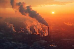 ai gegenereerd vuil lucht verontreiniging rook van fabriek schoorsteen zonsondergang tijd fabriek emissie foto
