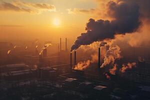 ai gegenereerd vuil lucht verontreiniging rook van fabriek schoorsteen zonsondergang tijd fabriek emissie foto